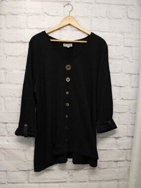JM Collection Extra Large Black Button Front Detail 3/4 Sleeve Casual Blouse